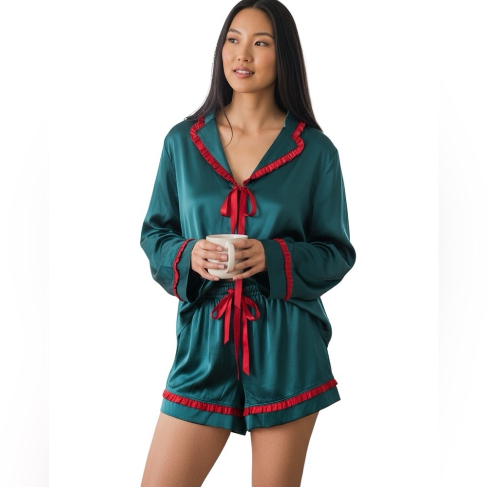 843. Ruffle Bow Tie satin Pajama Set Teal Red